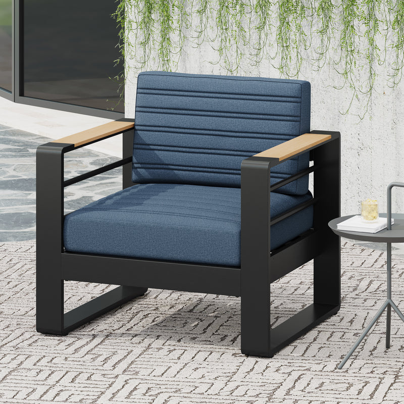 Modern Aluminum Club Chair with Faux Wood Accents & Water-Resistant Cushions