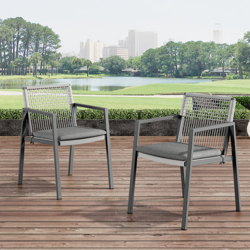 Set of 2 Modern Outdoor Rope Weave Dining Chairs with Aluminum Frame
