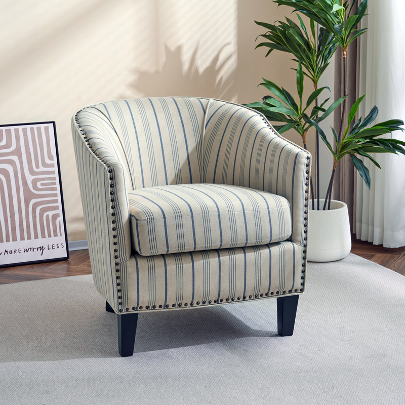 Striped Club Chair with Brass Stud Accents & Birch Wood Legs – Transitional Elegance