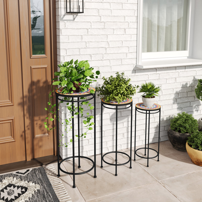 Salamande Outdoor Patio Plant Stands, Ceramic Tile, Iron, Set of 3