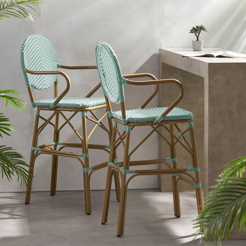 Outdoor Wicker and Aluminum French Barstools