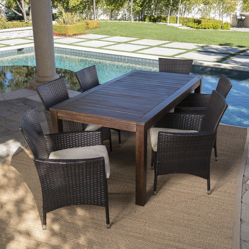 Outdoor 7 Piece Dining Set with Dark Brown Finished Wood Table and Chairs - NH152203