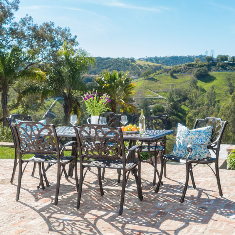 Outdoor 7 Piece Bronze Cast Aluminum Rectangular Dining Set - NH902003