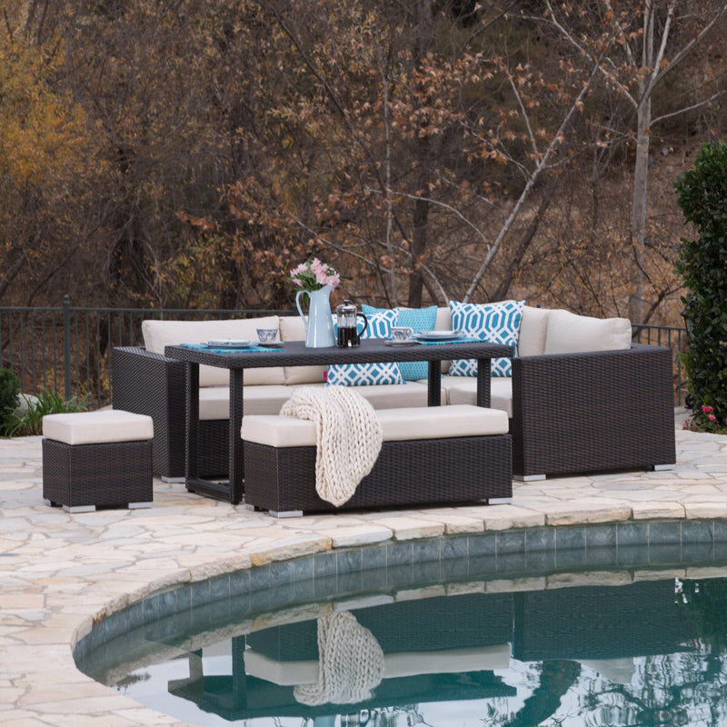 Outdoor 7 Seat Dining Sofa Set with Aluminum Frame and Water Resistant Cushions - NH694303