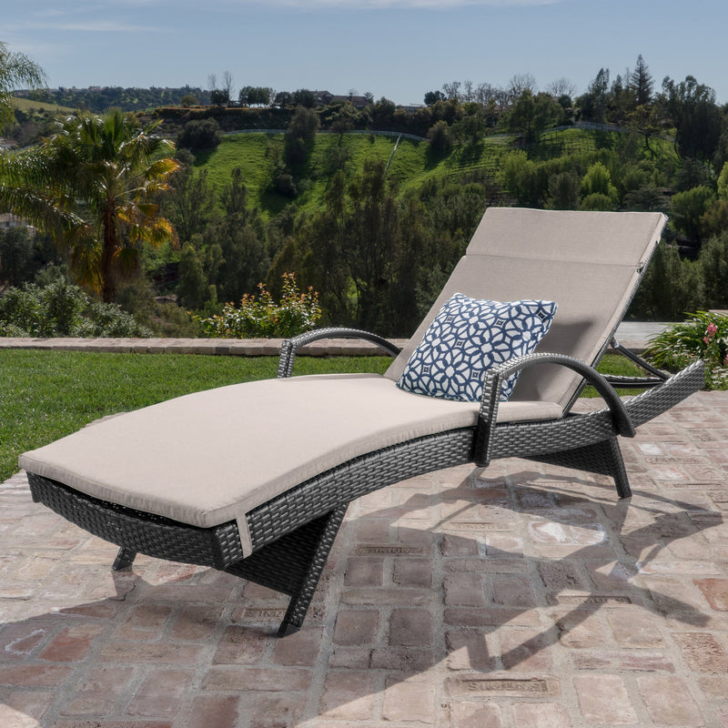 Outdoor Grey Wicker Armed Chaise Lounge w/ Water Resistant Cushion - NH481103