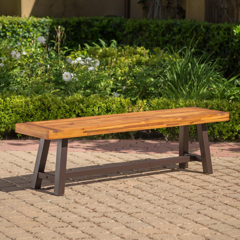 Outdoor Sandblack Finish Acacia Wood & Rustic Metal Bench - NH694003