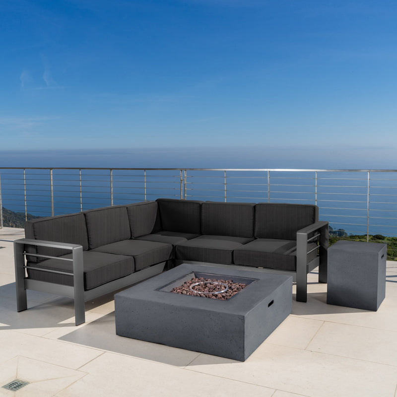 Outdoor Grey Aluminum 5 Piece V-Shape Sectional Sofa Set with Fire Table - NH508103