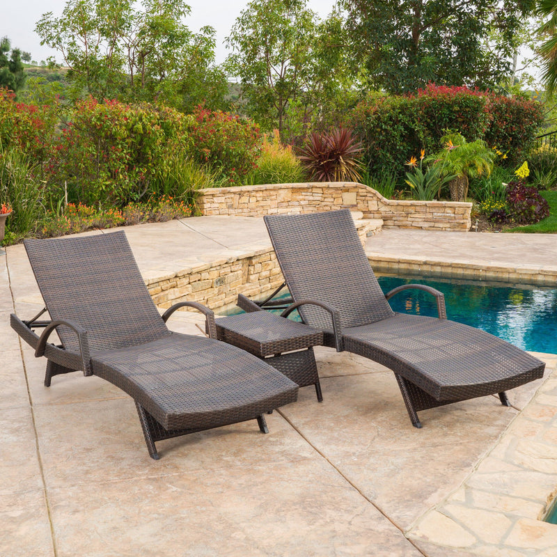 Outdoor Brown Wicker 3-piece Adjustable Armed Chaise Lounge Set - NH777692