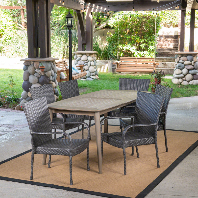 Outdoor 7 Piece Wood and Wicker Dining Set, Gray and Gray - NH371503
