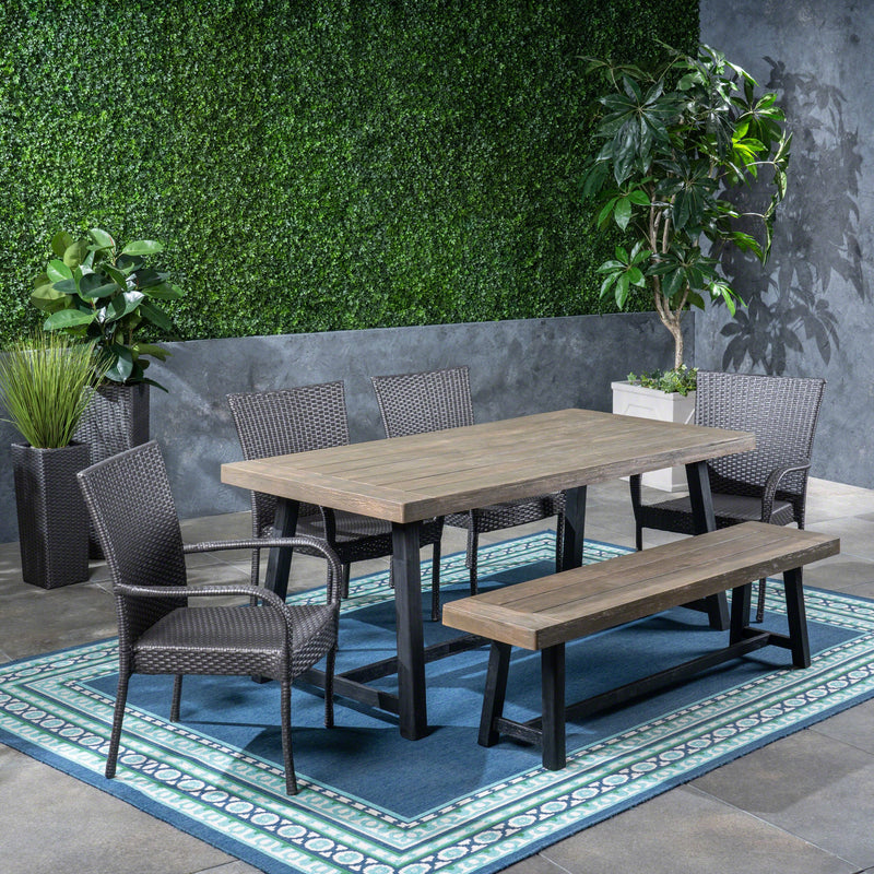 Outdoor 6 Piece Dining Set with Stacking Wicker Chairs and Bench - NH242603