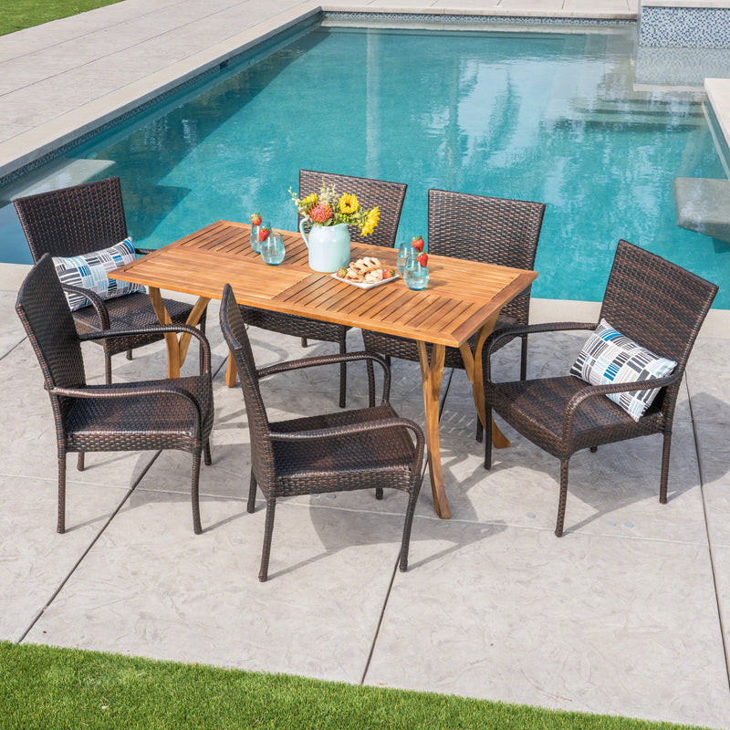 Outdoor 7 Piece Acacia Wood/ Wicker Dining Set, Teak Finish and Multibrown - NH492403