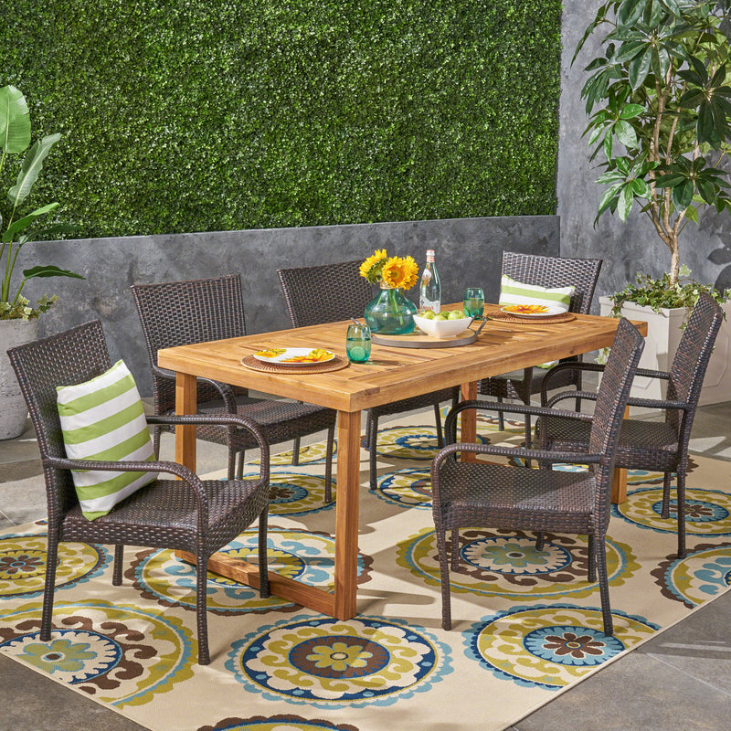 Outdoor 7 Piece Acacia Wood Dining Set with Stacking Wicker Chairs - NH832603
