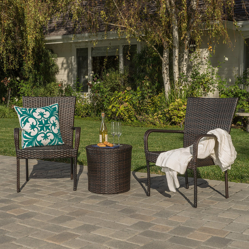 Outdoors Brown Wicker 3 Piece Stacking Chair Chat Set - NH724992