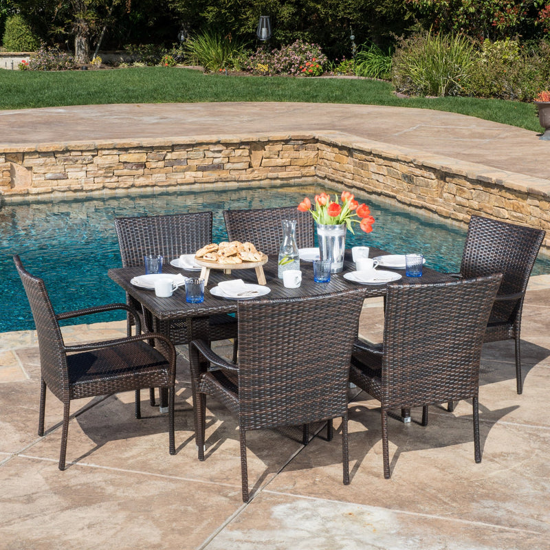 Outdoor 7-Piece Multi-Brown Wicker Dining Set with Stackable Chairs - NH386692
