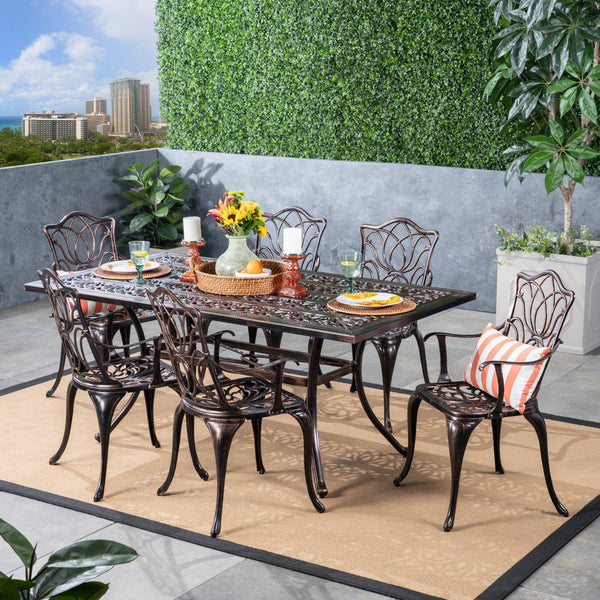 Outdoor 6-Seater Cast Aluminum Rectangular-Table Dining Set - NH733603
