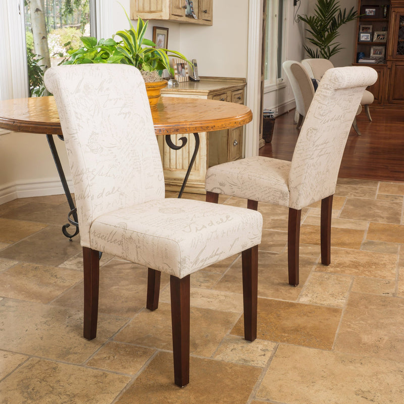 Script Printed Beige Linen Dining Chairs (Set of 2) - NH109432