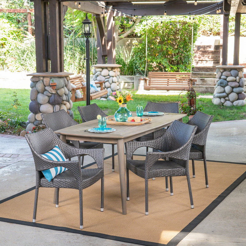 Outdoor 7 Piece Wood and Wicker Dining Set, Gray and Gray - NH471503