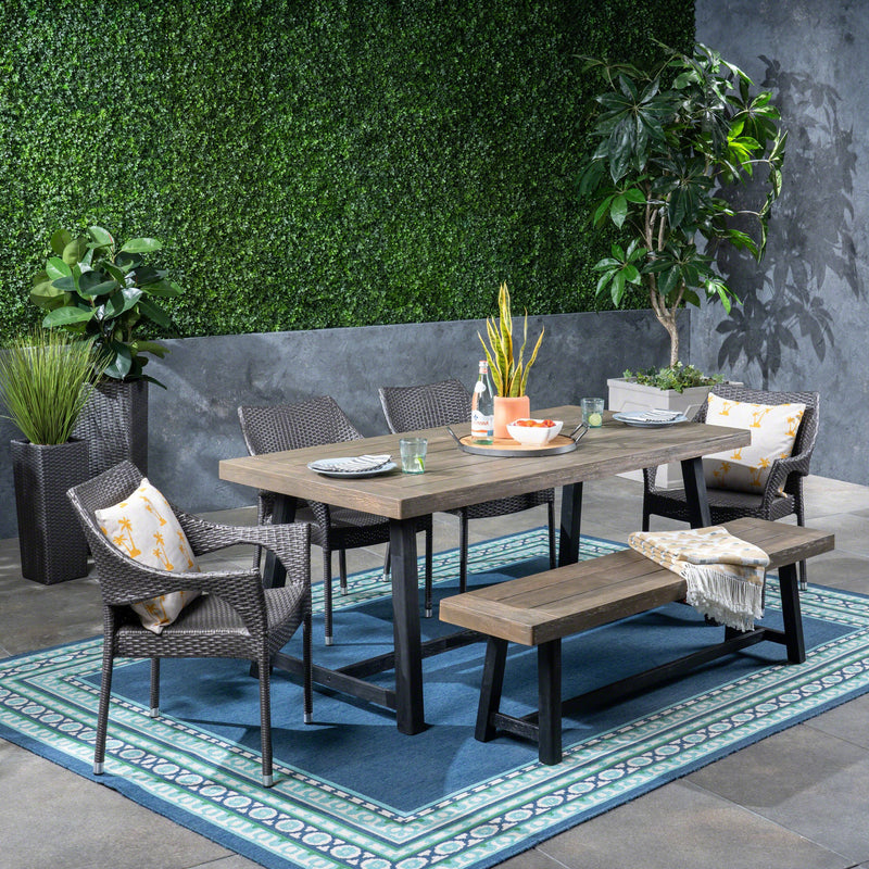 Outdoor 6 Piece Dining Set with Stacking Wicker Chairs and Bench - NH442603