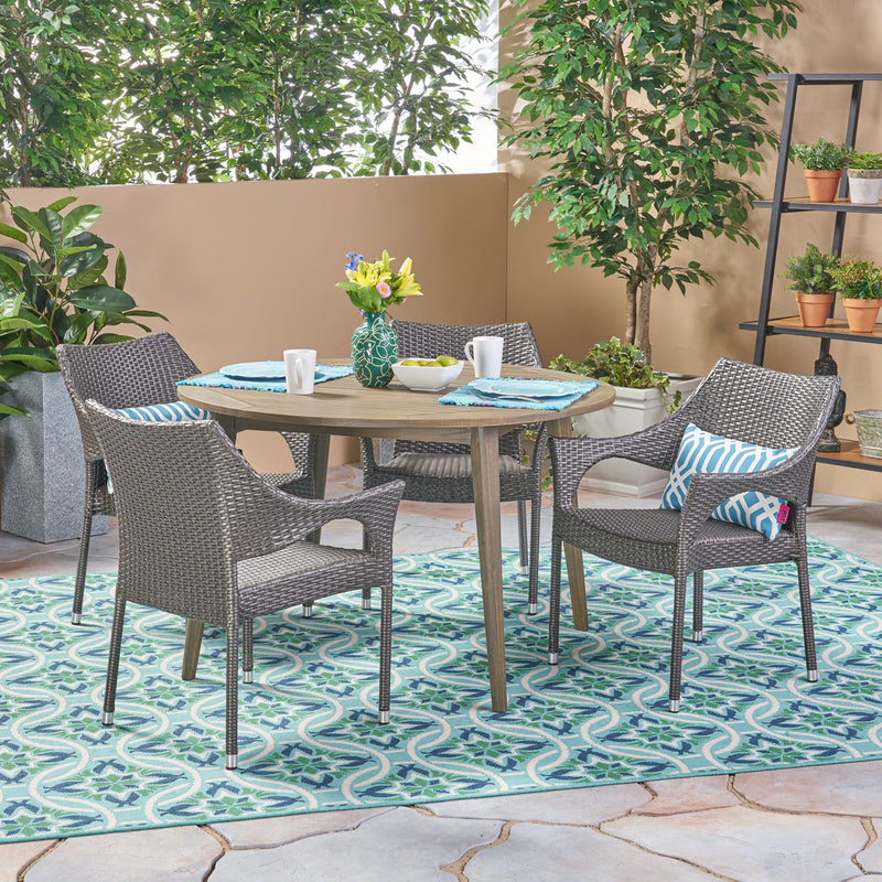 Outdoor 5 Piece Wicker Dining Set with Round Acacia Wood Slat Top Table - NH952503