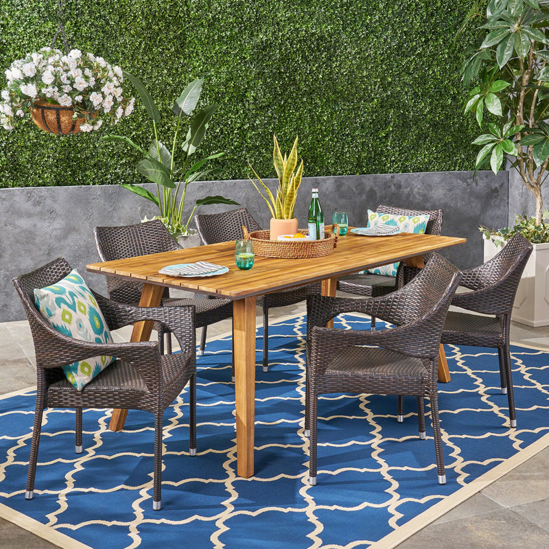Outdoor 7 Piece Acacia Wood Dining Set with Stacking Wicker Chairs, Teak and Multi Brown - NH952603