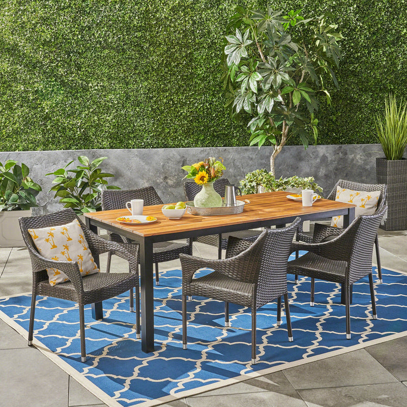 Outdoor 7 Piece Acacia Wood Dining Set with Stacking Wicker Chairs, Teak and Multi Brown - NH452603