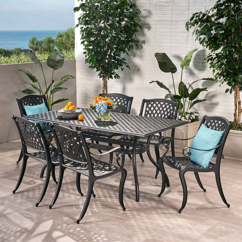 Outdoor 7-piece Cast Aluminum Black Sand Dining Set - NH848592