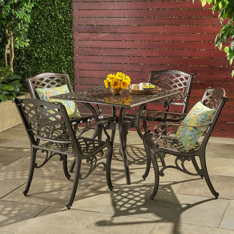 Outdoor 5-piece Cast Aluminum Square Bronze Dining Set - NH395692