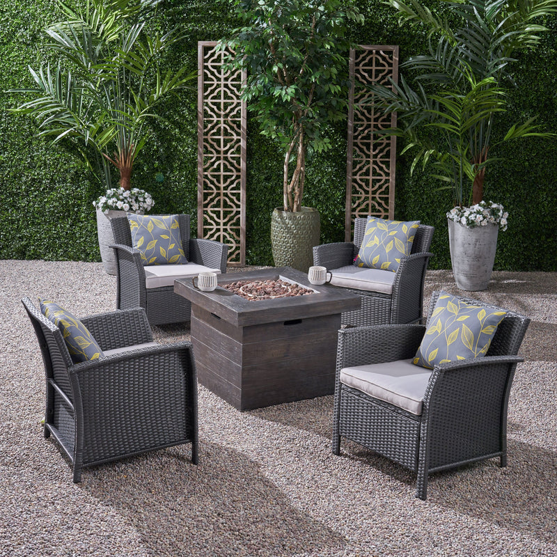 Outdoor 4 Piece Wicker Club Chair Chat Set with Wood Finished Fire Pit - NH134503