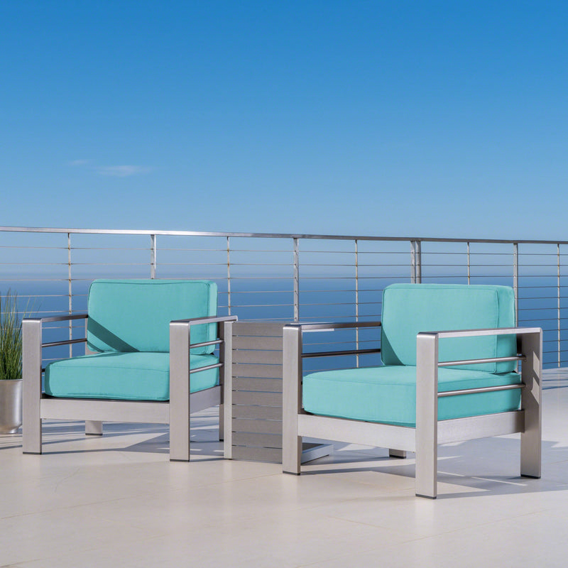 Outdoor Aluminum Club Chairs and Faux Wood Side Table Set with Cushions - NH367403