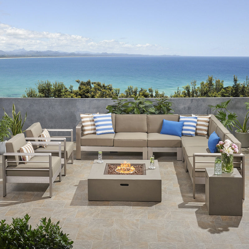 Outdoor 9 Seater Aluminum L-Shaped Sofa Sectional and Fire Pit Set - NH078903