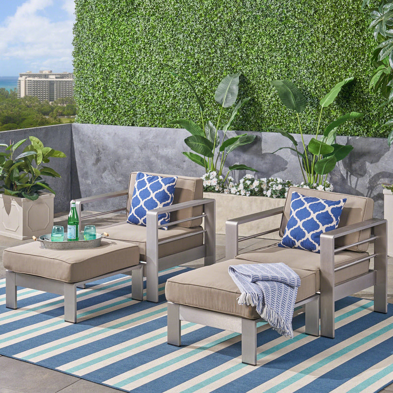 Outdoor Aluminum 2-Seater Club Chair Chat Set with Ottomans, Silver and Khaki - NH143603