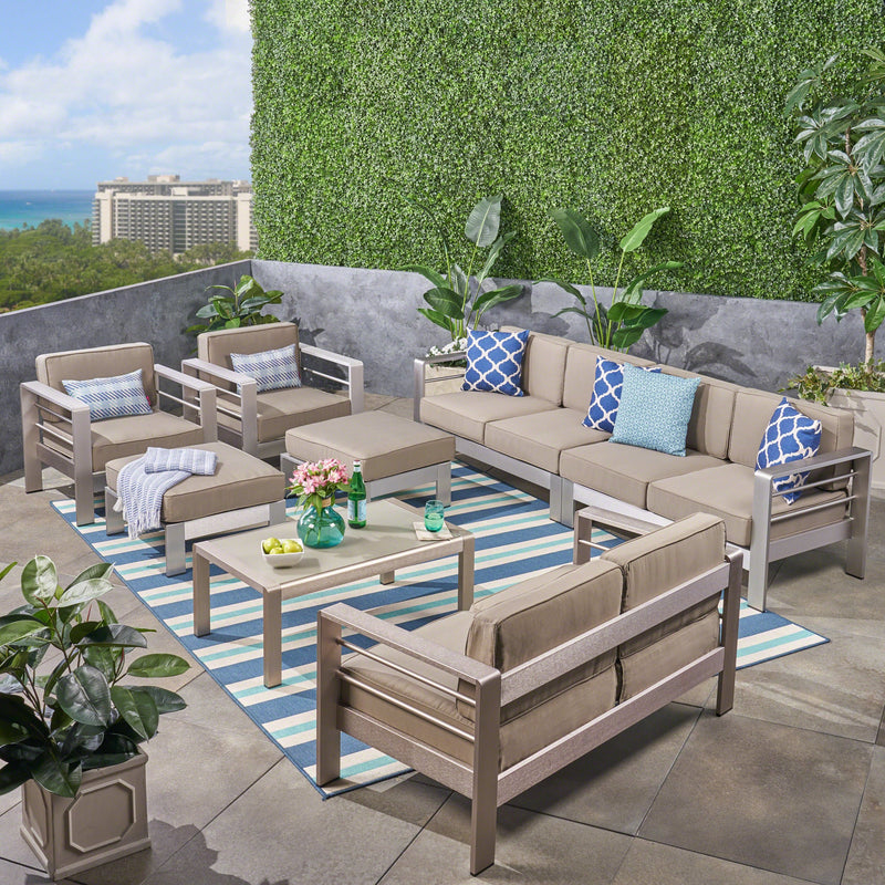 Outdoor Aluminum 8-Seater Sectional Sofa Set with Coffee Table and Ottomans, Silver and Khaki - NH643603