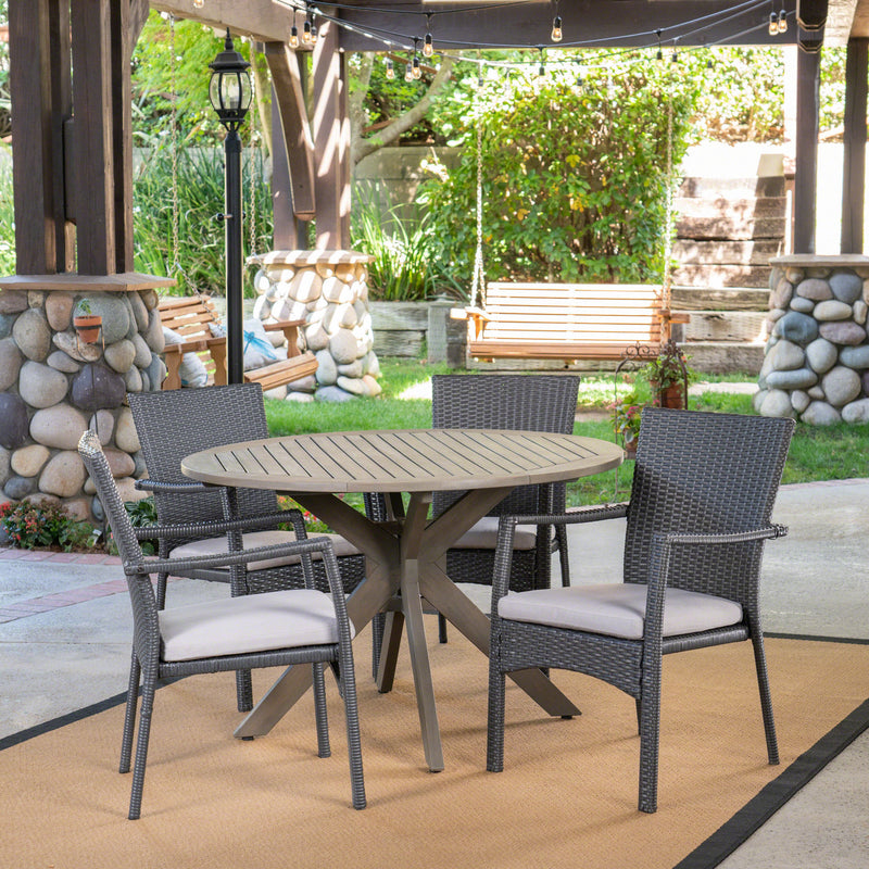 Outdoor 5 Piece Wood and Wicker Dining Set, Gray and Gray - NH011503