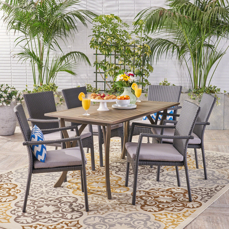 Outdoor 7 Piece Wood and Wicker Dining Set, Gray and Gray - NH621503