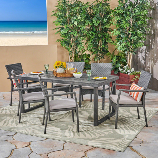 Outdoor 6-Seater Acacia Wood Dining Set with Wicker Chairs, Sandblast Dark Gray Finish and Gray - NH670603