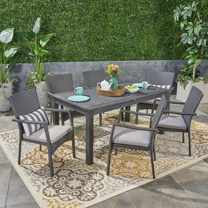 Outdoor 7 Piece Wood and Wicker Expandable Dining Set - NH954503