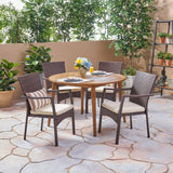Outdoor Coastal 5 Piece Wicker Dining Set with Round Acacia Wood Table - NH062503