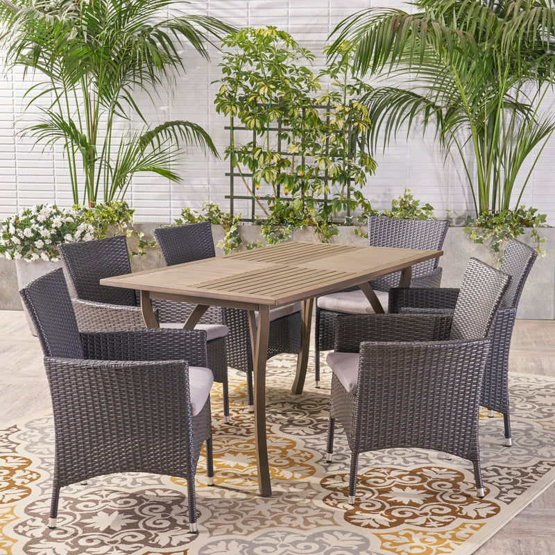Outdoor 7 Piece Wood and Wicker Dining Set - NH031503