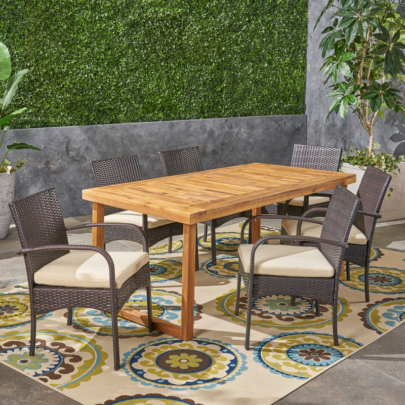 Outdoor 6-Seater Acacia Wood Dining Set with Wicker Chairs, Sandblast Natural Finish and Multi Brown and Cream - NH770603