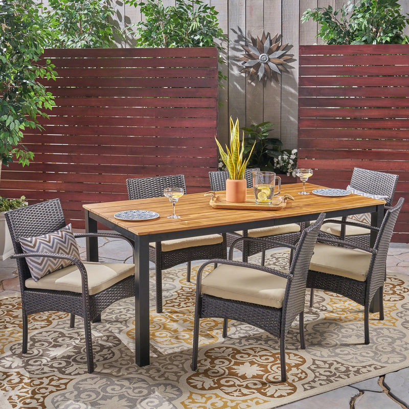 Outdoor 7 Piece Acacia Wood Dining Set with Wicker Chairs, Teak and Multi Brown and Cream - NH252603