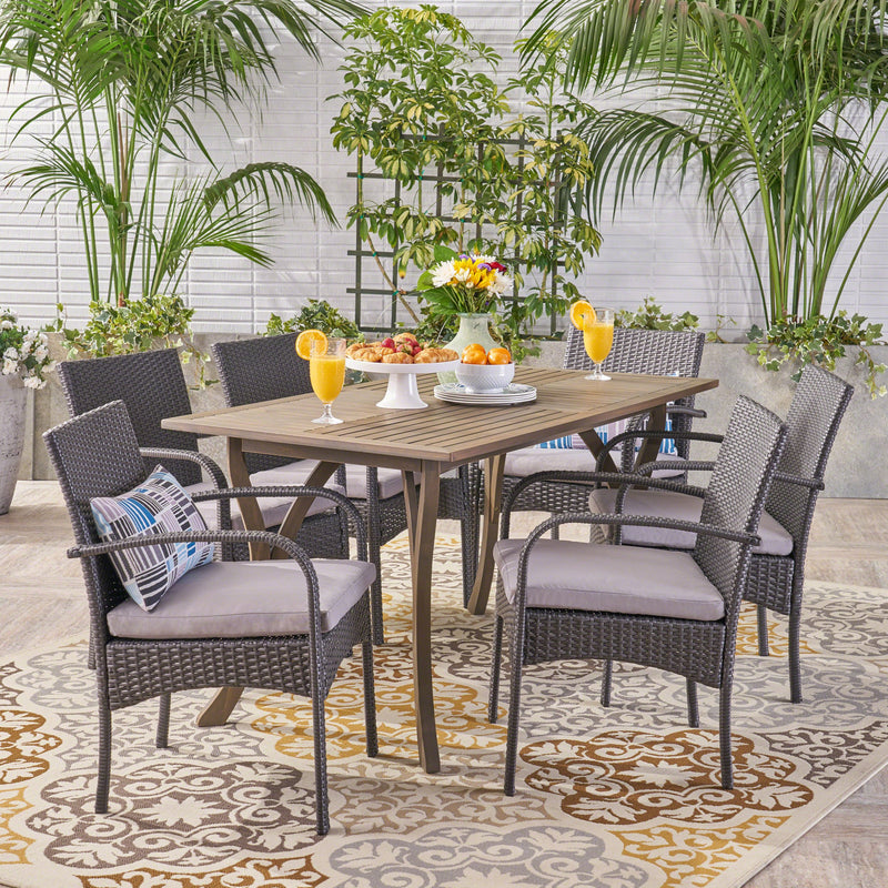 Outdoor 7 Piece Wood and Wicker Dining Set, Gray and Gray - NH521503