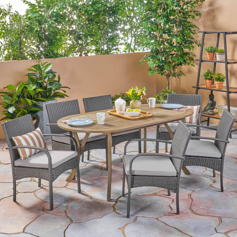 Outdoor 7 Piece Wood and Wicker Dining Set, Gray Finish and Gray - NH272503