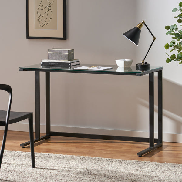 Modern Rectangular Black Iron and Glass Computer Desk - NH626692