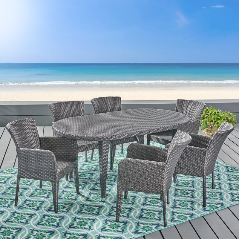 Outdoor 7 Piece Wicker Dining Set, Grey - NH325403