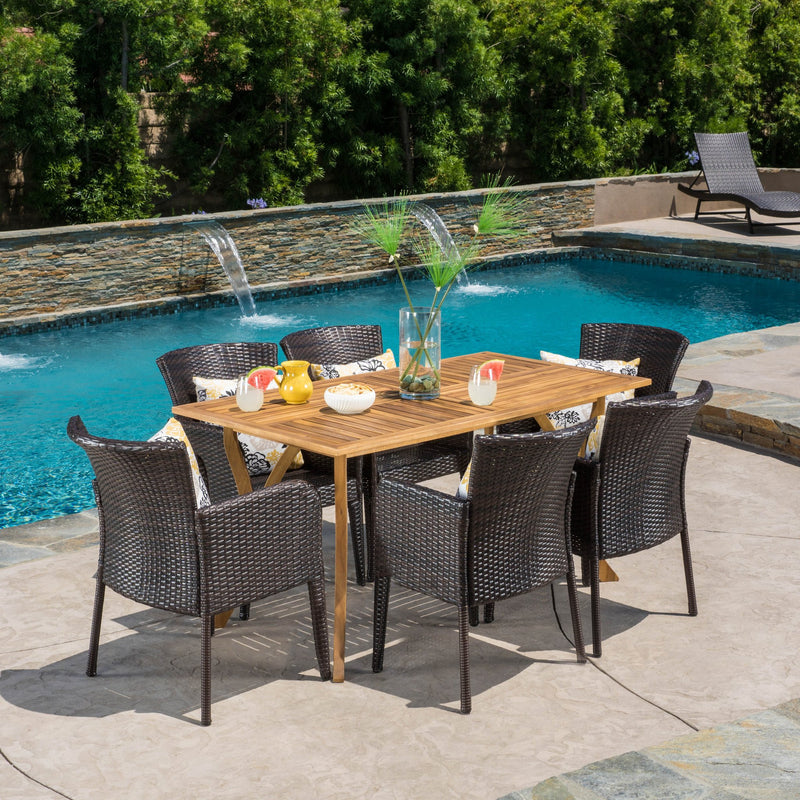 Outdoor 7-Piece Multi-Brown Wicker Dining Set with Teak Acacia Wood Table - NH634892
