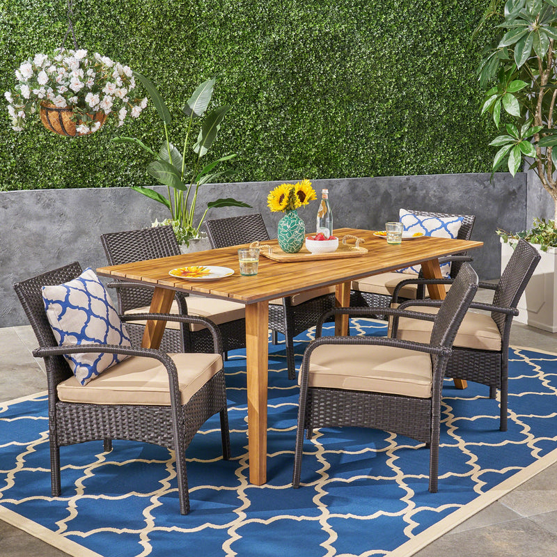 Outdoor 7 Piece Acacia Wood Dining Set with Wicker Chairs, Teak and Brown and Tan - NH162603