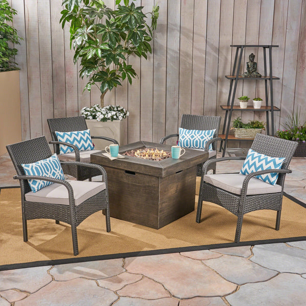 Patio Fire Pit Set, 4-Seater with Club Chairs, Wicker with Outdoor Cushions - NH052703