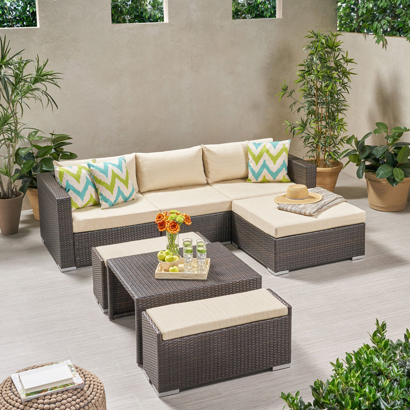 Outdoor 5 Seater L Shaped Wicker Sofa and Ottoman Set - NH759903