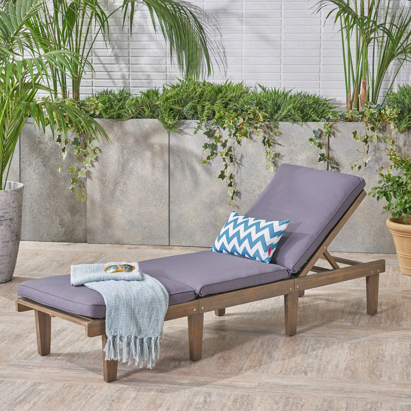 Outdoor Acacia Wood Chaise Lounge with Cushion, Gray and Dark Gray - NH673403