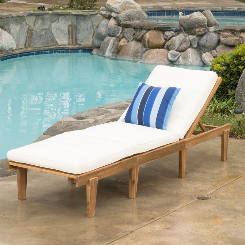 Outdoor Teak Brown Wood Chaise Lounge with Cushion - NH085692